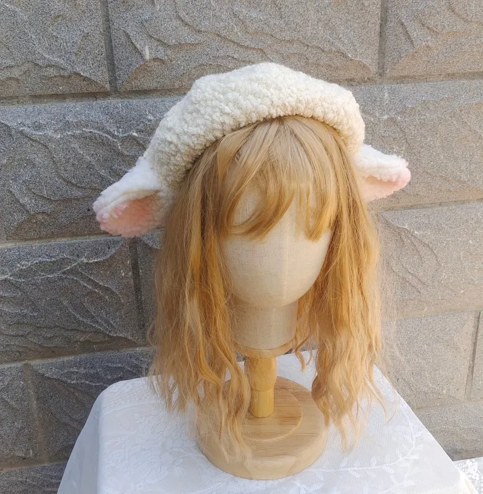 Original Handmade Cute Lolita Lolita Autumn and Winter Lamb Ears Beret Milk White Hat