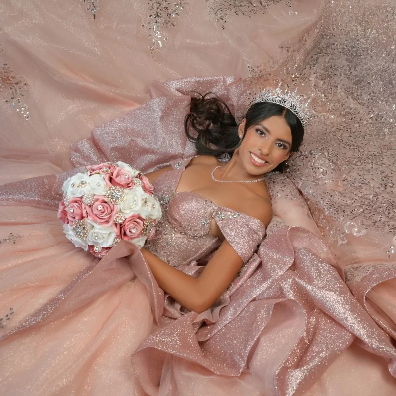 

Shiny Pink Quinceanera Dress off-shoulder Glitter Decal Long tail Big Bow Vestidos De 15 Quinceanera ﻿Customize