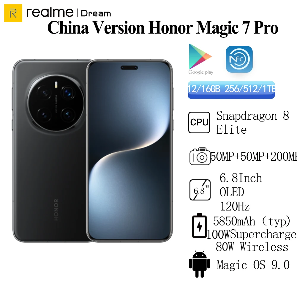 Китайская версия Honor Magic 7 Pro Snapdragon 8 Elite Задняя камера 50 МП OIS 5850 мАч 100 Вт Экран суперзарядки 6,8 дюйма 120 Гц IP69 NFC
