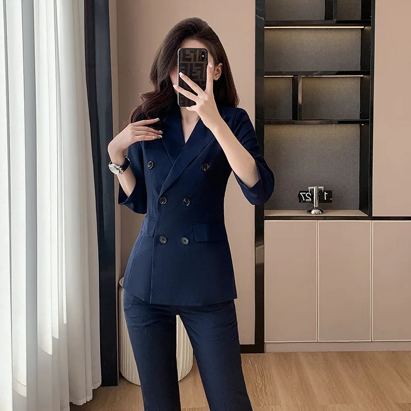 Blue Suit Jacket Women's Business Wear Spring College Student Interview Formal Wear Tooling High-End Double Breasted Suit