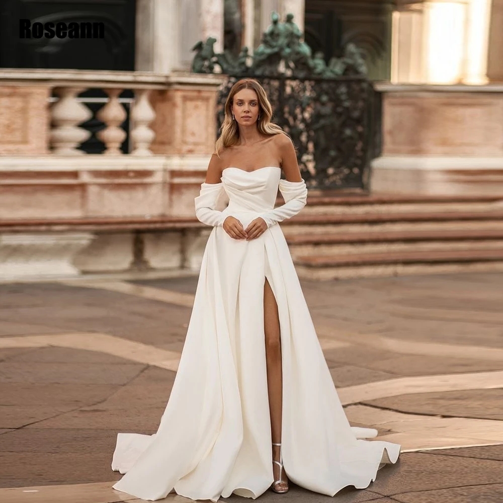 

Classic Satin Wedding Dresses For Women Simple Strapless Pleats Bridal Gowns Sexy High Slit Zipper Back A Line robe de mariée