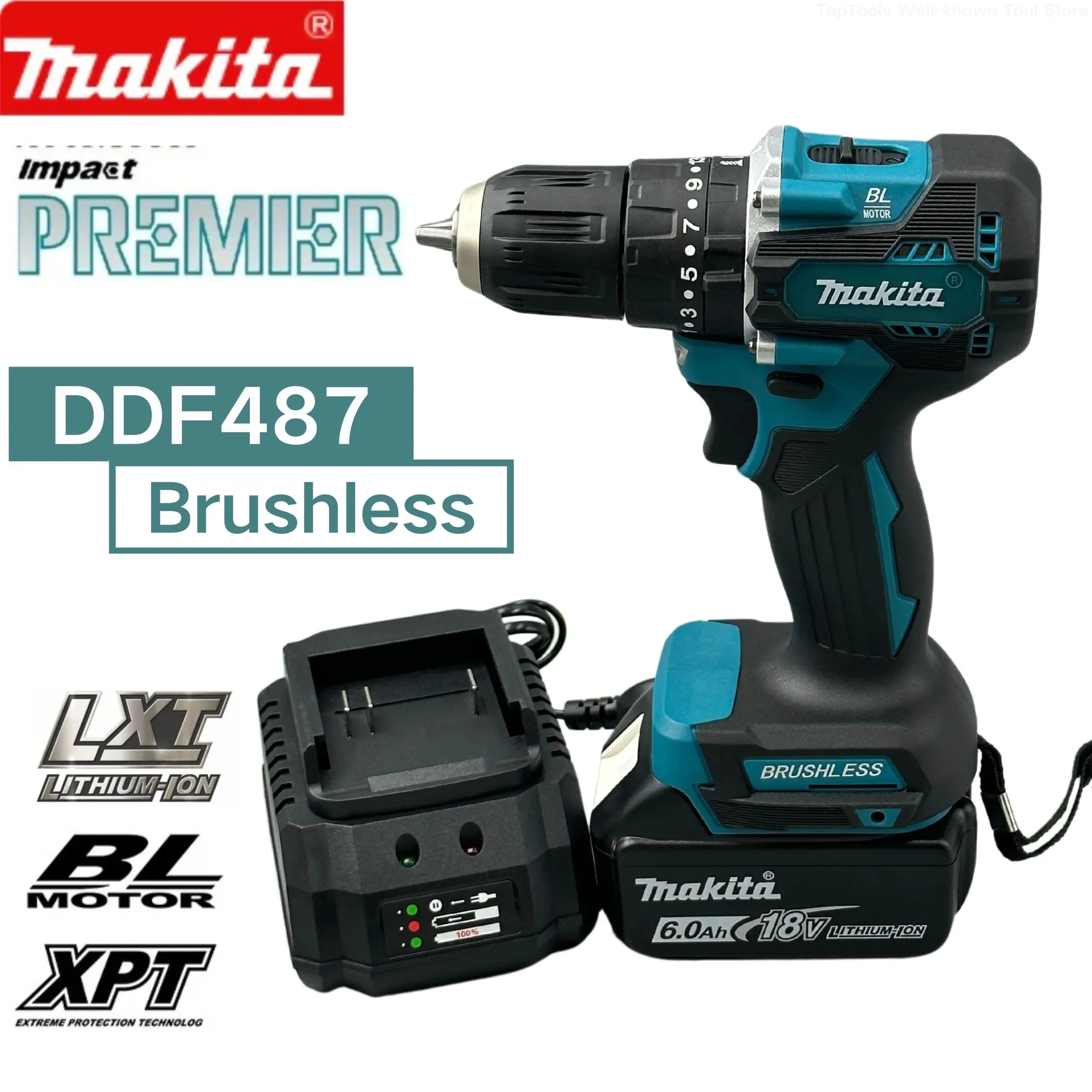 Makita DDF487 18V Screwdriver Cordless Percussion Drill Electric Variable Speed Brushless Motor Impact Power Tools Power Drill