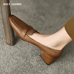 Mid Heel Retro Women Pumps Pointed Toe Concise Office Lady Working Shoes Woman Genuine Leather Pumps Basic Spring Summer 2024