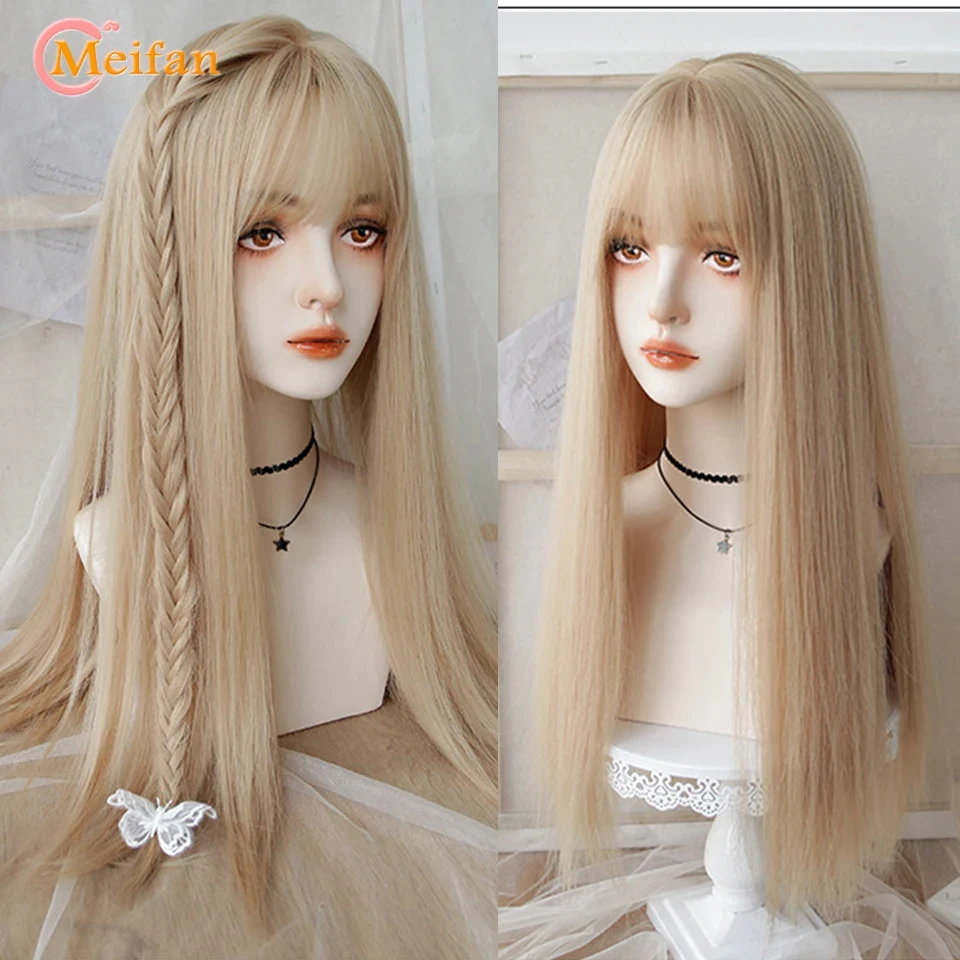 MEIFAN Synthetic Long Straight Cosplay Wig with Bangs Wig Girl Korean Cute Pink Blonde Black Party Halloween Lolita Wig