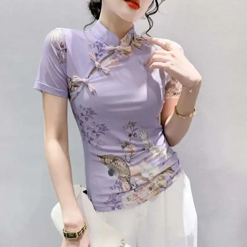 #5634 Print Vintage Short T Shirt Women Stand Collar Buttons Sexy Tight Hollow Out Tee Shirt Femme Short Sleeve Hollow Out