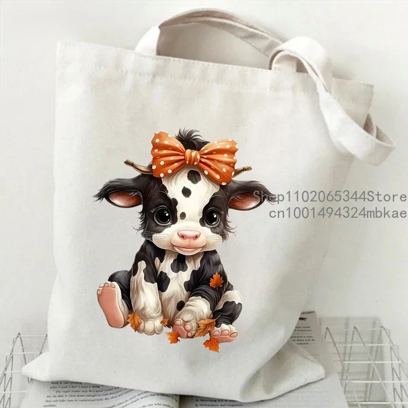 Cute Cow Print Canvas Tote Bag Women\'s Large Capacity Beach Shoulder Bag Student Casual Travel Shopping Bags Cartoon Cow Handbag