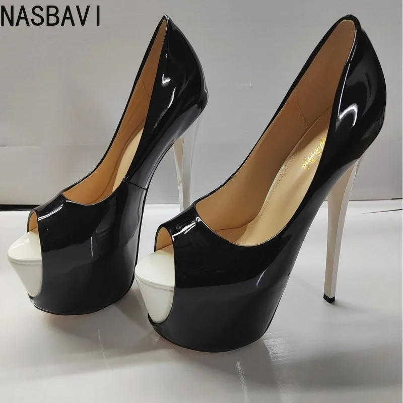 

NASBAVI Cross Dressing Sexy High Heels 19cm Patent Leather Thick Soled Shoes for Women's Evening Party Open Toe High Heels 35-45