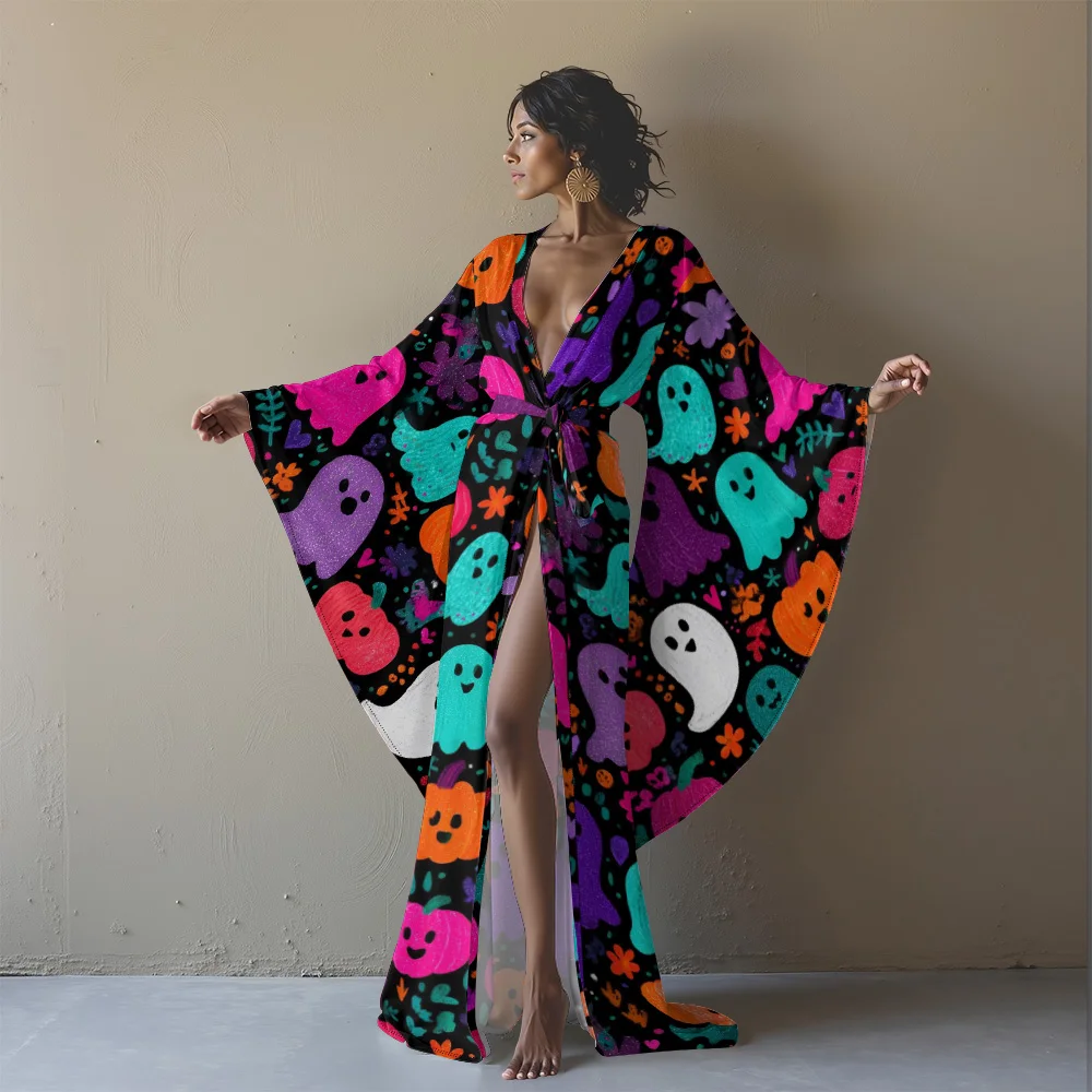 Women's Halloween Kimono Robe with Cute Ghosts & Pumpkins Pattern Beach Cover Up Party Costume Festival Vacation Resort Wear