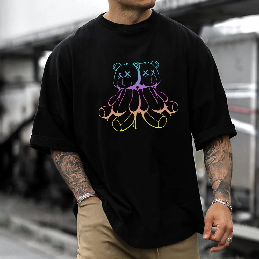Men Oversized T Shirt Gradient Double Head Octopus Bear Chest Print Crew Neck Short Sleeve Street Loose Casual Tee