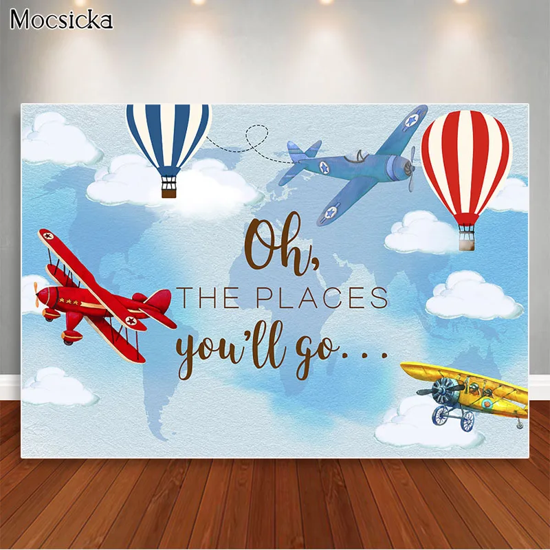 Baby Shower Backdrop for Hot Air Balloon Vintage Airplane Photography Background Boy Adventure 1st Birthday Personalized Poster