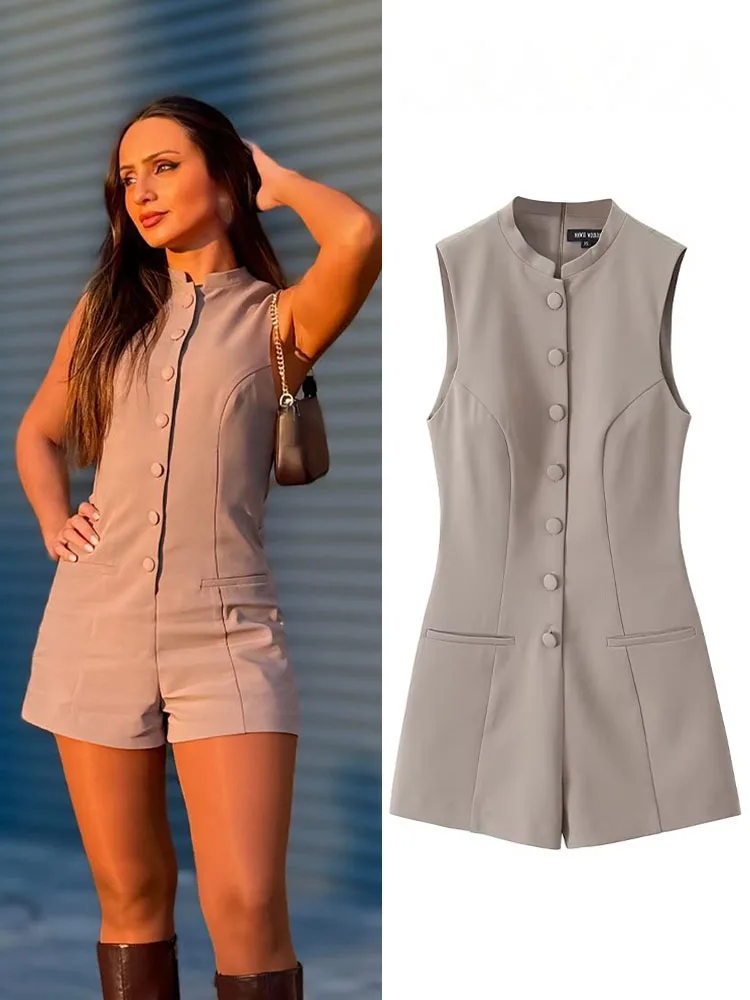 

HH Women Fashion Sleeveless O Neck Slim High Waist Jumpsuits Woman Casual Summer Solid Elegant Single breasted Playsuits