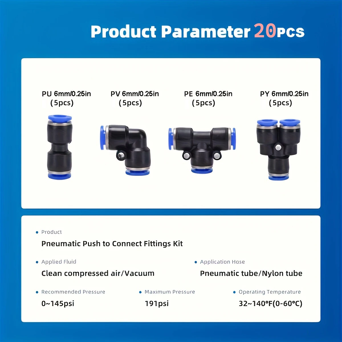 1/ 4inch External Diameter Quick-Connect Pneumatic Air Hose Fittings, Y-Type Diverter, T-Type Three-Way Connector, 90-Degree Elbow, Straight Adapter, Pg6-4/8-4/8-6/10-6/10-8/12-8/12-10Mm Reducing Pneumatic Fittings, To