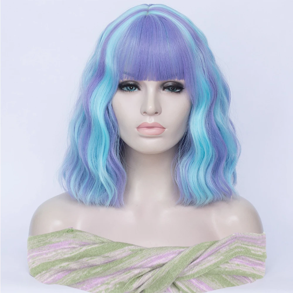Sintético curto azul misturado roxo encaracolado onda bob peruca com franja para mulheres diário cosplay festa usar resistente ao calor cabelo falso