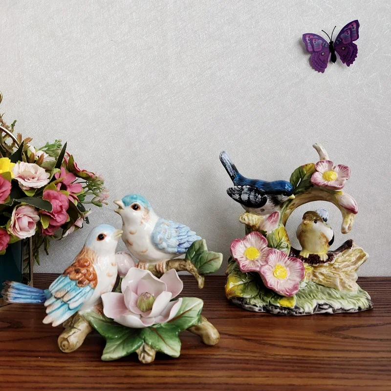 Function Art Ceramic Flower Bird Figurines Home Decor Hummingbird Ornament  Porcelain Animal Figurine Wedding Gift Accessories
