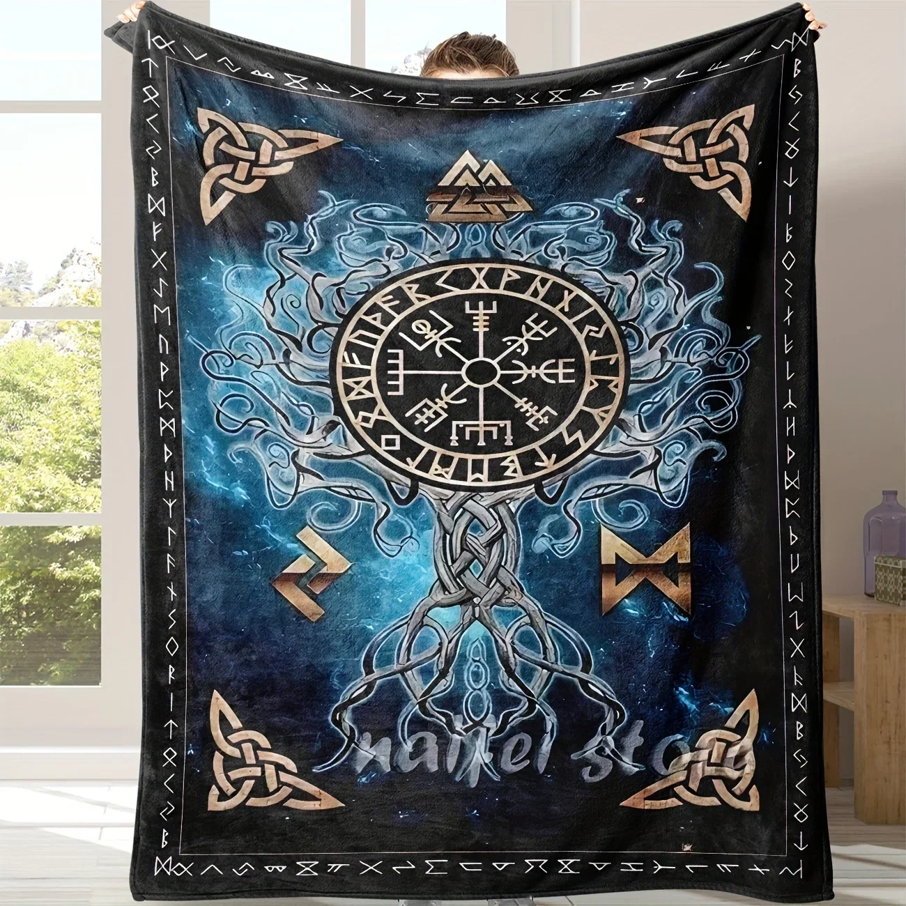 Nordic Rune Nautical Blanket Viking Compass Celtic Knot Mystic Totem Living Room Bedroom Nautical Theme Blanket