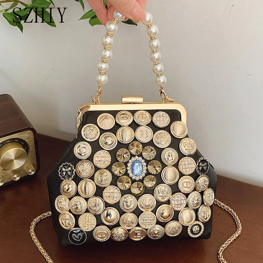 

Luxury Designer Dinner Bag Women Diamond Studded Chain Retro Button Crossbody Purse for girls Punk Style Clip on Shoulder Bag
