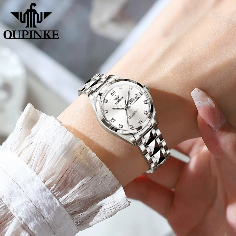 OUPINKE 3262 Original Elegant Mechanical Woman Watch Stainless Steel Dual Calendar Watch For Women Diamond Waterproof Hand Clock