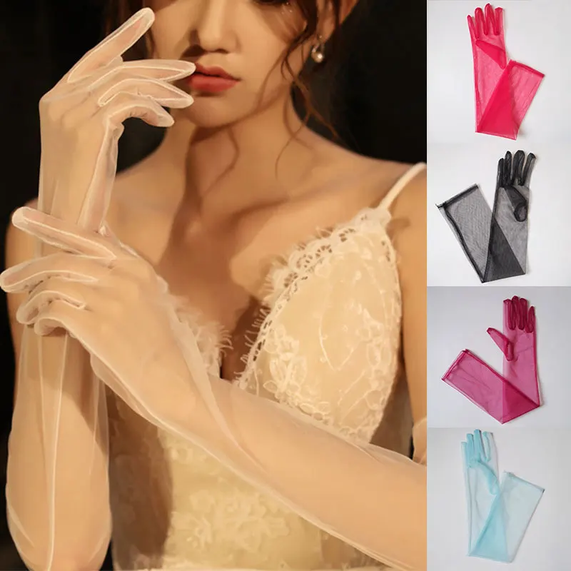 Sexy Lace Thin Transparent Long Gloves Soft Tulle Breathable Sleeve Solid Women Bridal Gloves Wedding Accessory Sun Protection