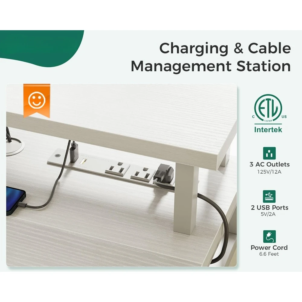 Electric Standing Desk with Drawers & Keyboard Tray, 47 Inch Height Adjustable Small Gaming Desk with Power Outlets & LED Lights