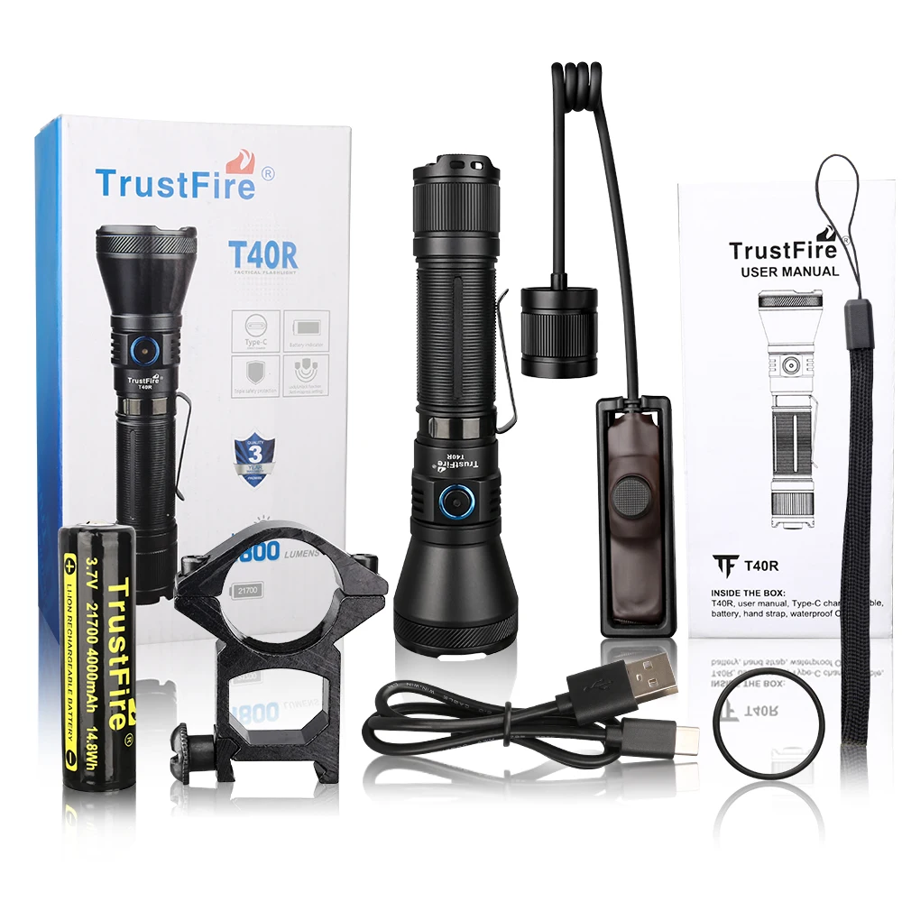 Trustfire T40R Taktische LED-Taschenlampe für die Armee, 1800 Lumen, 550 Meter, wiederaufladbar, 18650 Lampe mit USB-Aufladung, Selbstverteidigung, IP68-Taschenlampe
