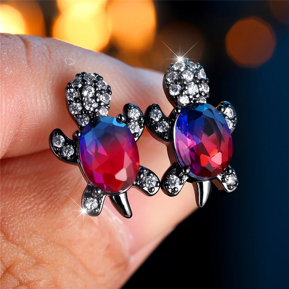 Cute Female Crystal Rainbow Red Blue Zircon Stone Turtle Animal Stud Earrings Black Gold Color Wedding Jewelry For Women