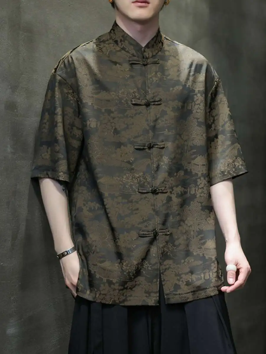 

Новая летняя тонкая мужская свободная рубашка в стиле ретро, модная, с ручной вышивкой, на пуговицах, с цветочным узором, весенняя, с воротником-стойкой...