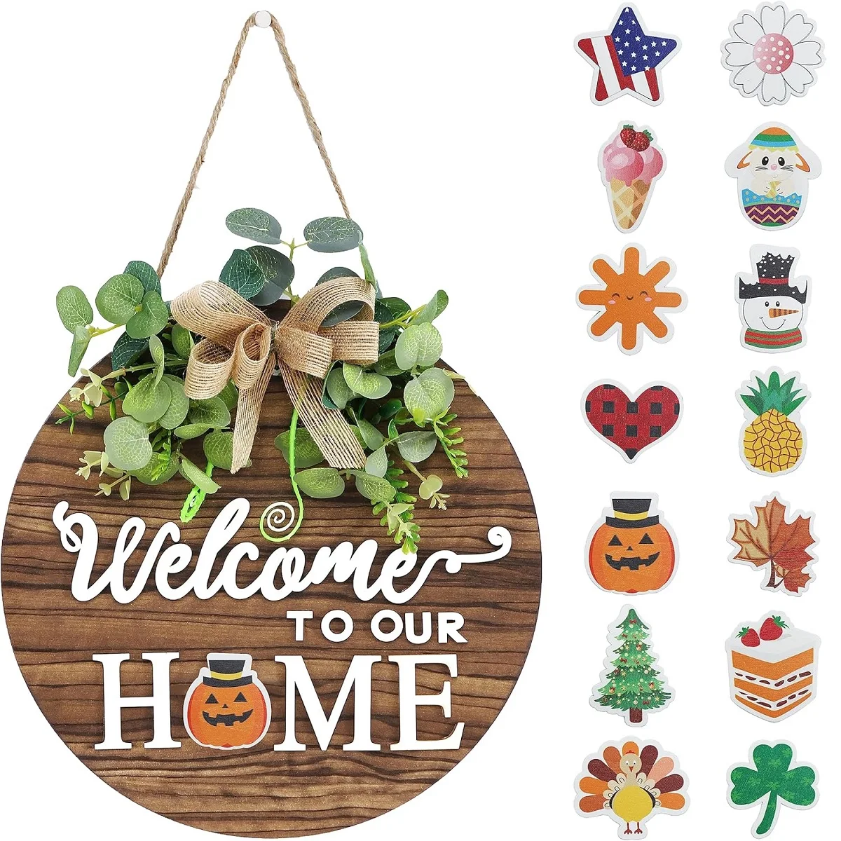 Interchangeable Seasonal Welcome Sign Front Door Decoration Rustic Round Wood Wreath for All Seasons Holiday Halloween Christmas