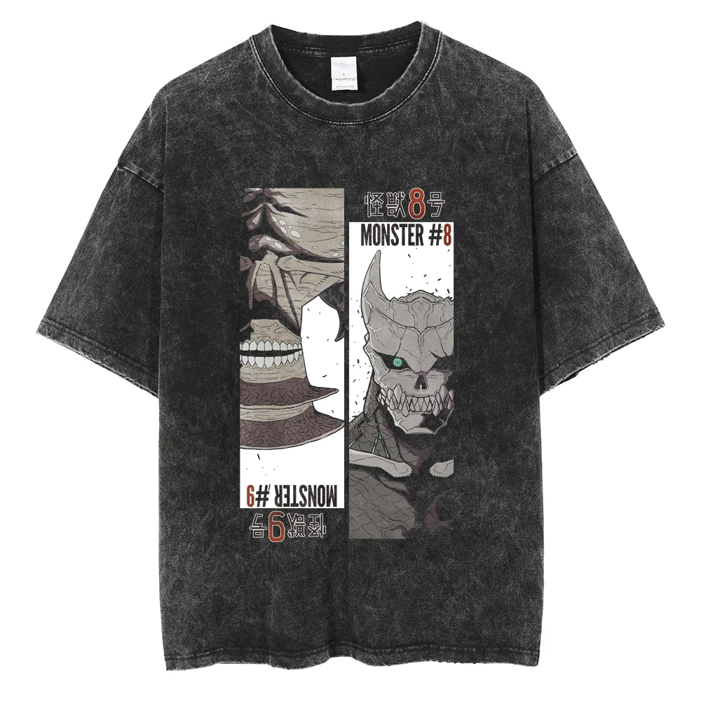

Kaiju No. 8 2026 Men Cotton T-shirt Streetwear Washed Black Oversized Short Sleeve Casual Daily Wear Monster #8 & Monster #9 Art