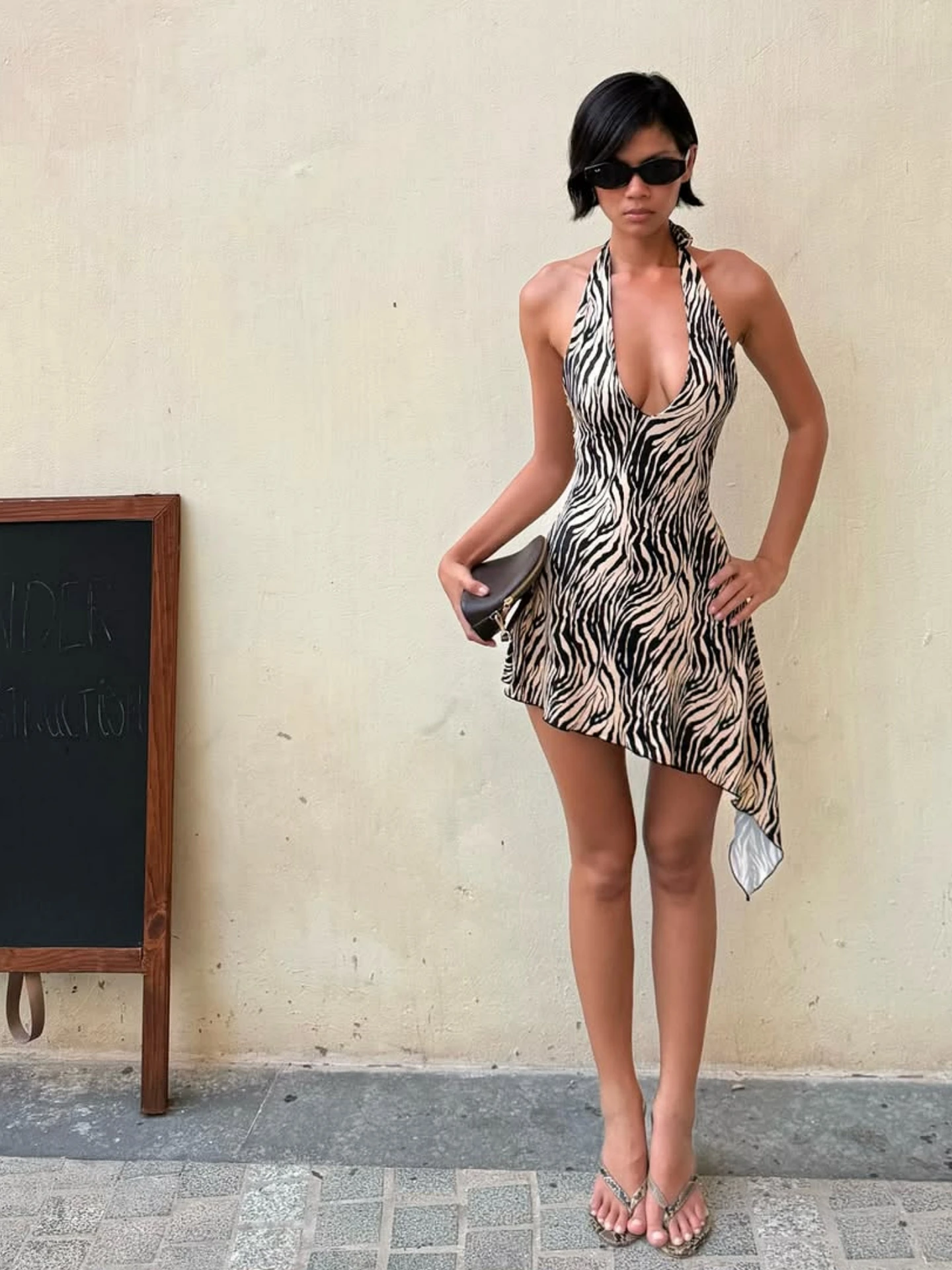Dulzura Women'S Sexy Backless Lace Up Irregular Zebra Stripes Mini Dress Fashion Elegant Halter Dress Party Club Summer Clothes