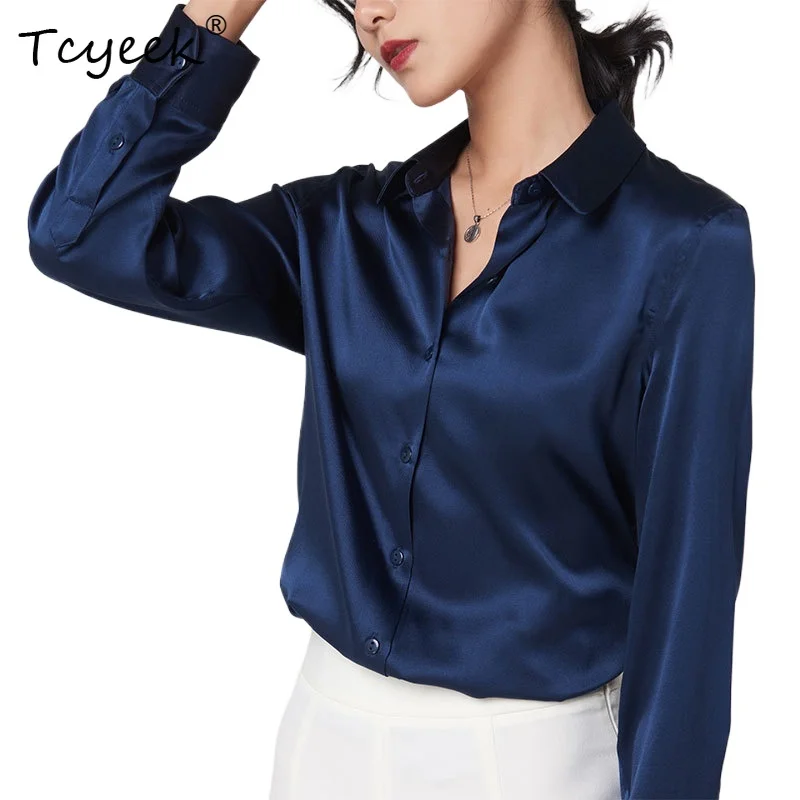 

Tcyeek 93% Mulberry Silk 7% Spandex Spring Autumn Long Sleeved Solid Color Slim Fit Square Collar Women's Shirts חולצותנשים
