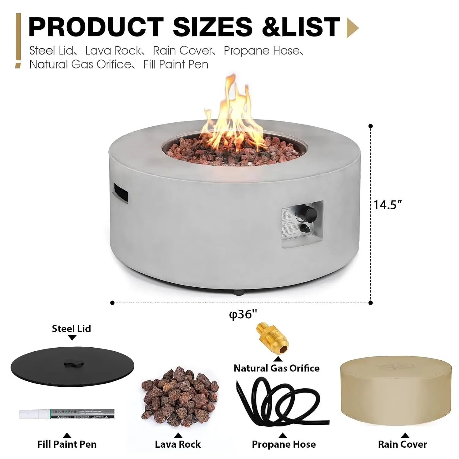 36-inch Outdoor Propane Fire Pit Table, 50,000 BTU Natural Gas Firepit Round Concrete Fire Table with Steel Lid,, Customized