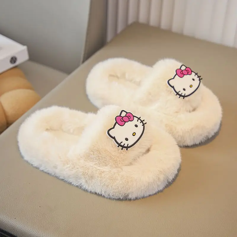 Anime Cartoon Hello Kitty Plush Slippers for Girls Children's Home Shoes Thick-soled Cotton Kawaii Kids Winter Slipper Shoes