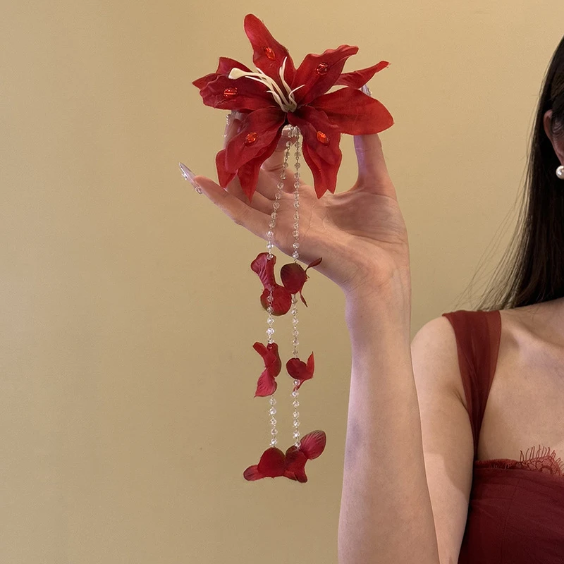 Bestseller Blumen-Entenschnabel-Clip Simulierte Blumen-Haarspange Glasperlen Lange Quaste Haarnadel Mädchen Frauen Kopfschmuck Accessoire