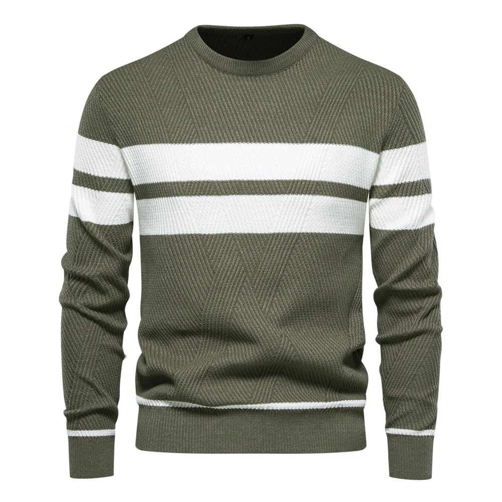 Autumn/Winter 2024 men\'s casual striped men\'s sweater pullover matching color crew-neck men\'s sweater