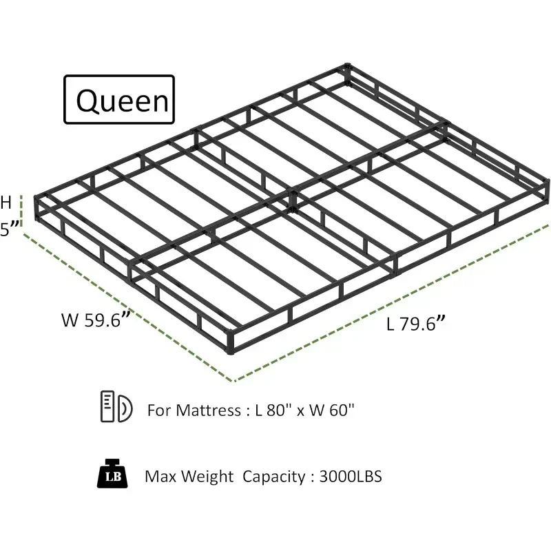 Queen Size Bed Base 5 Inch Box Spring Heavy Duty Metal Mattress Foundation 3000 Lbs Capacity with Fabric Cover Easy Assembly