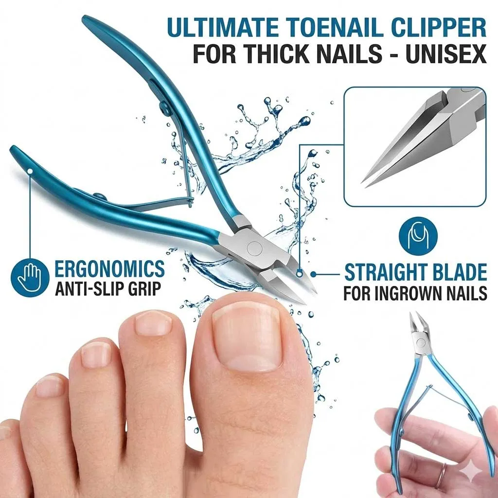 

Professional-Grade Nail Clippers for Thick Nails - Large Blue Stainless Steel Fingernail & Toenail Cutter with Catcher, Heavy Duty Sharp Pedicure Trimmer for Men, Seniors