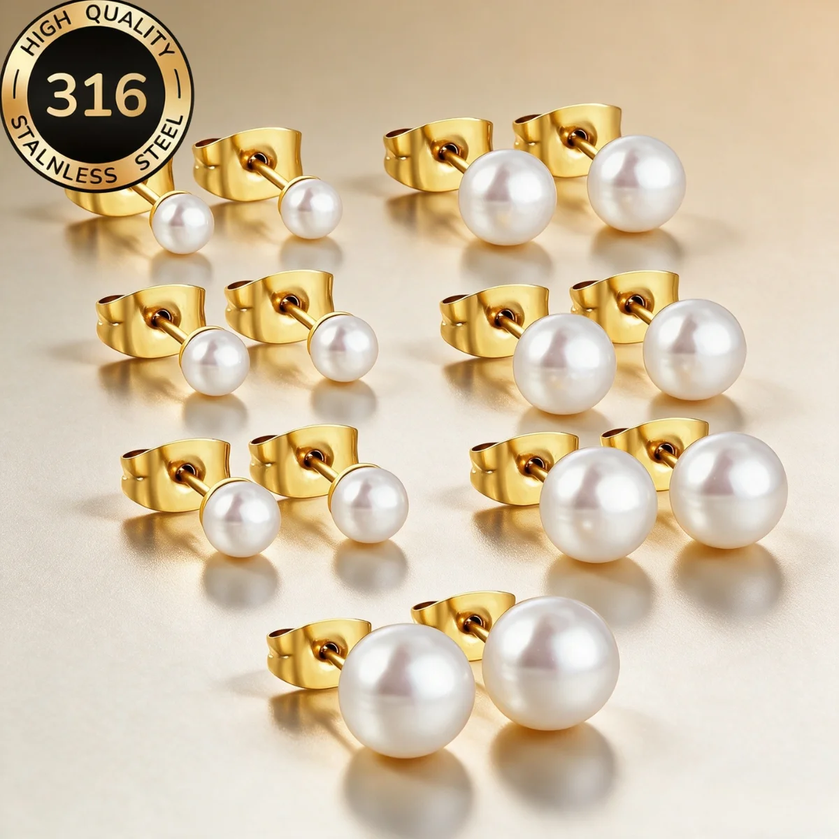 1 par/2 piezas de aretes de perlas redondas naturales, acero quirúrgico, estilo vintage, con perlas blancas, para mujer, chapados en oro