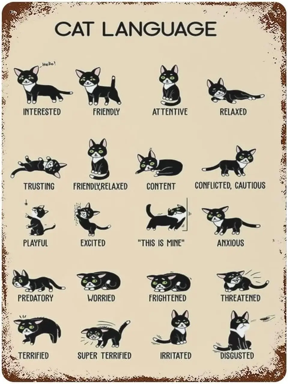 Cat Language Chart Vintage Metal tin Sign Art Plaque Wall Decor Look Funny Gifts for Home Kitchen Garage Bathroom Farm Garden Ba