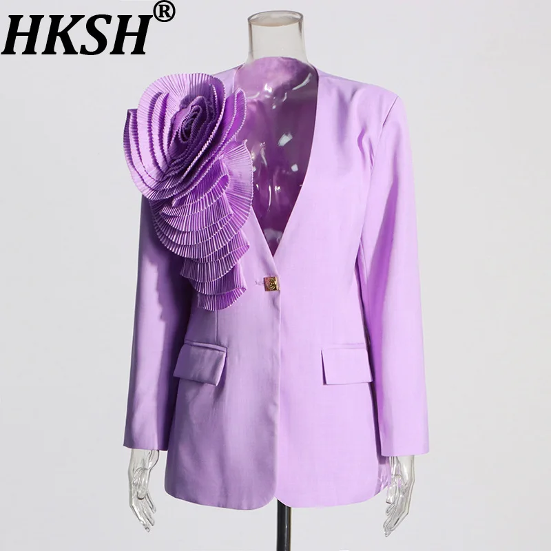 

HKSH Women Blazer V-neck Single Button Pockets Three-dimensional Pleated Flower Elegant Fashion High-end Coats New Spring HK9046