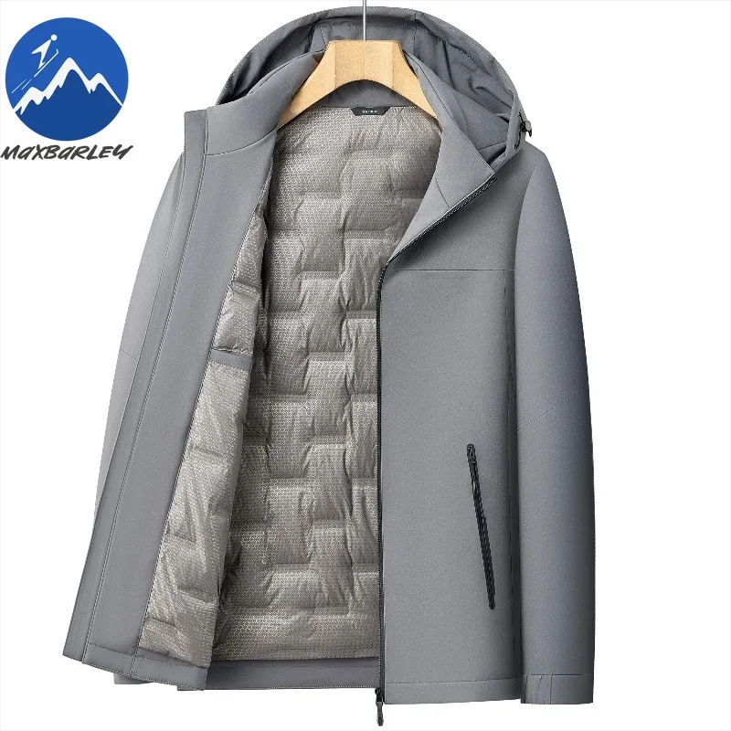 Maxbarley Men Down Jacket Fashion Hood Commuter Office Thickened Warm Zipper Coat Casual Outdoor Travel Cold-proof Winter Parka