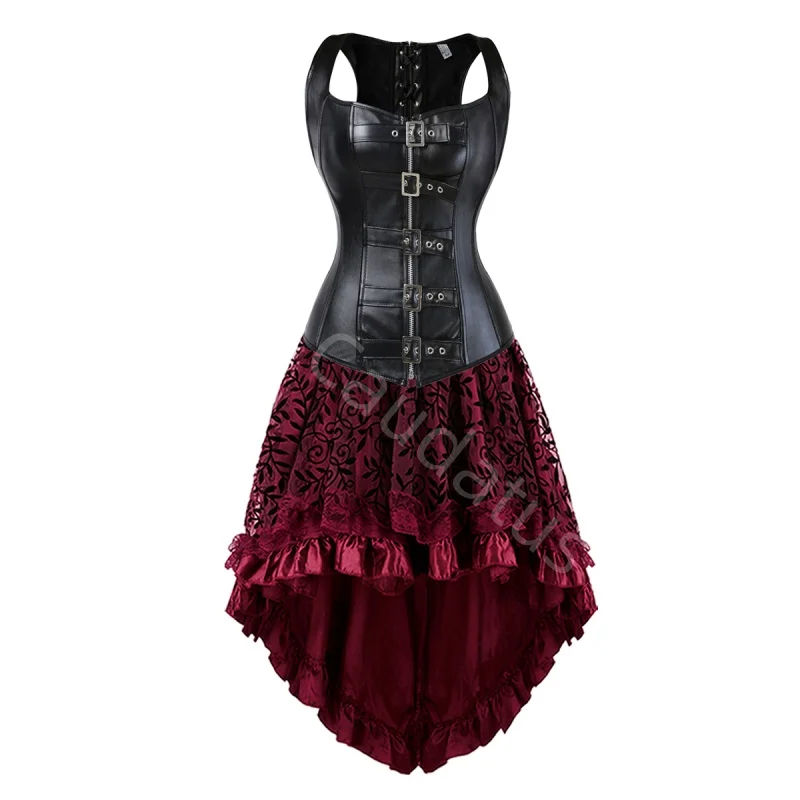 

Корсетное платье в стиле стимпанк, большие размеры, черно-коричневое, на молнии, из черной искусственной кожи, с юбкой, в готическом панк-стиле, черно-винно-красное.