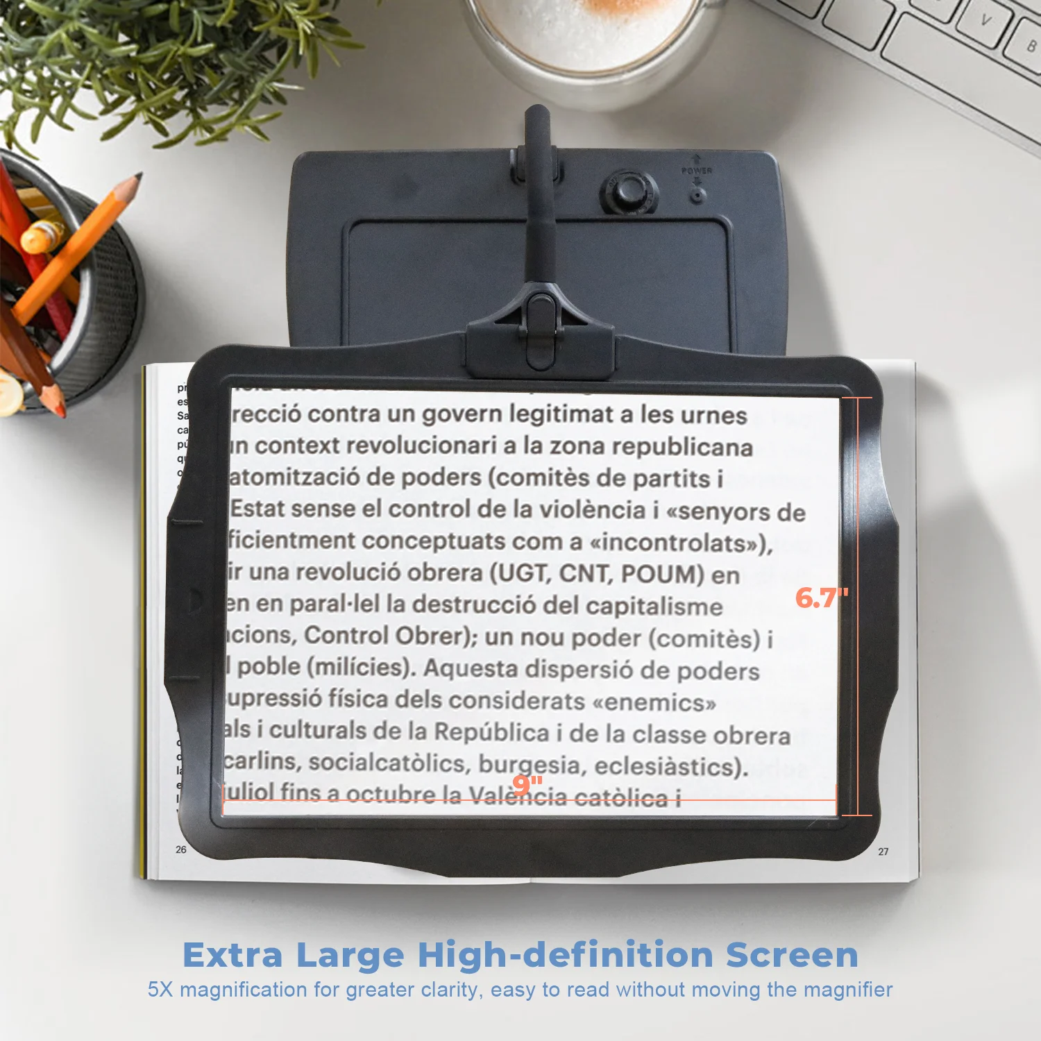 5X Large LED Full Page Desktop Magnifier with Adjustable & Detachable Stand, Ideal for Reading Fine Print, Crafting, Low Vision