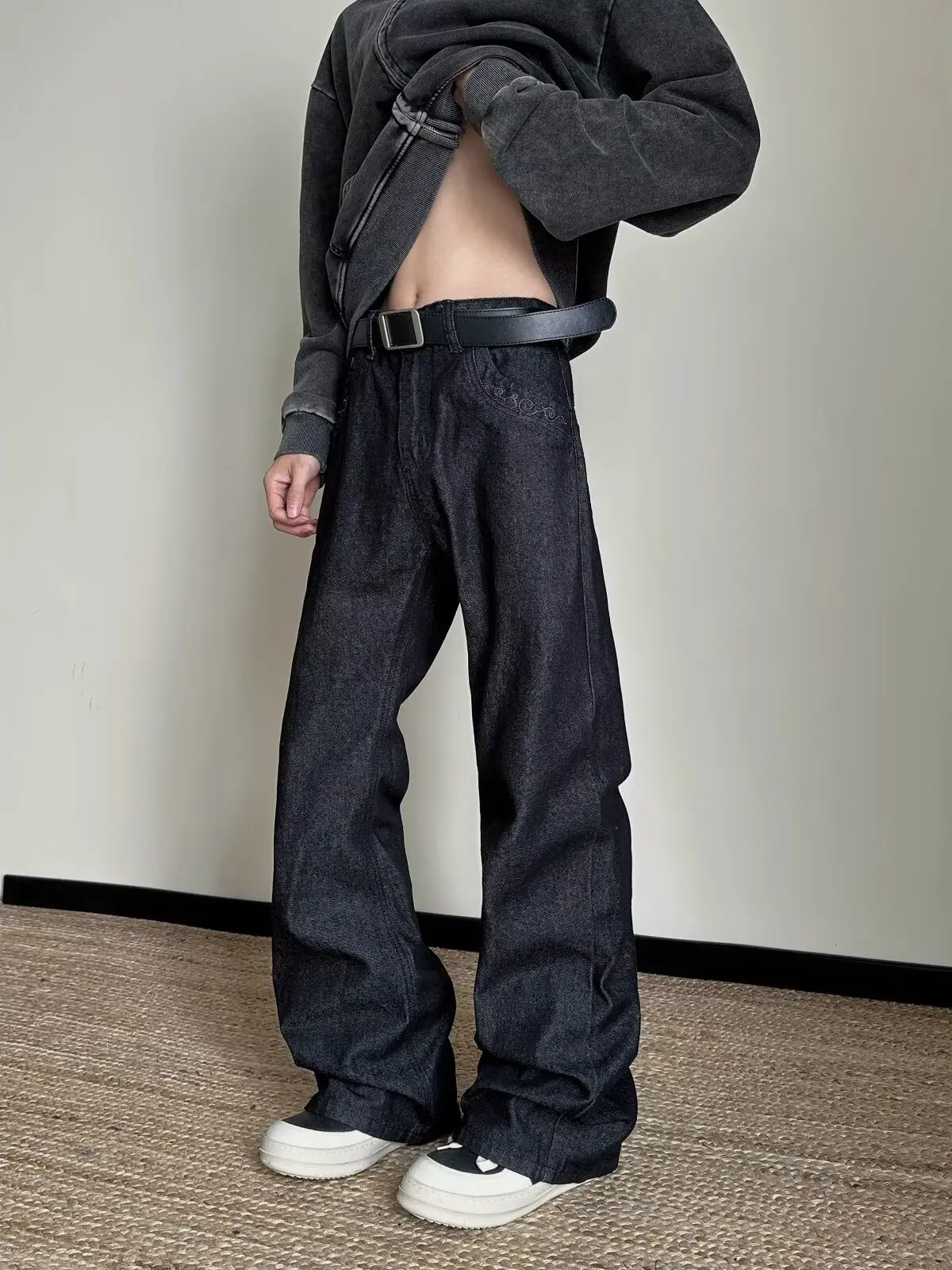 

Retro Waed Original Color Straight Leg Men's Jeans Spring Autumn Loose Wide Leg Pants Trendy Match Micro Flared Long Trousers