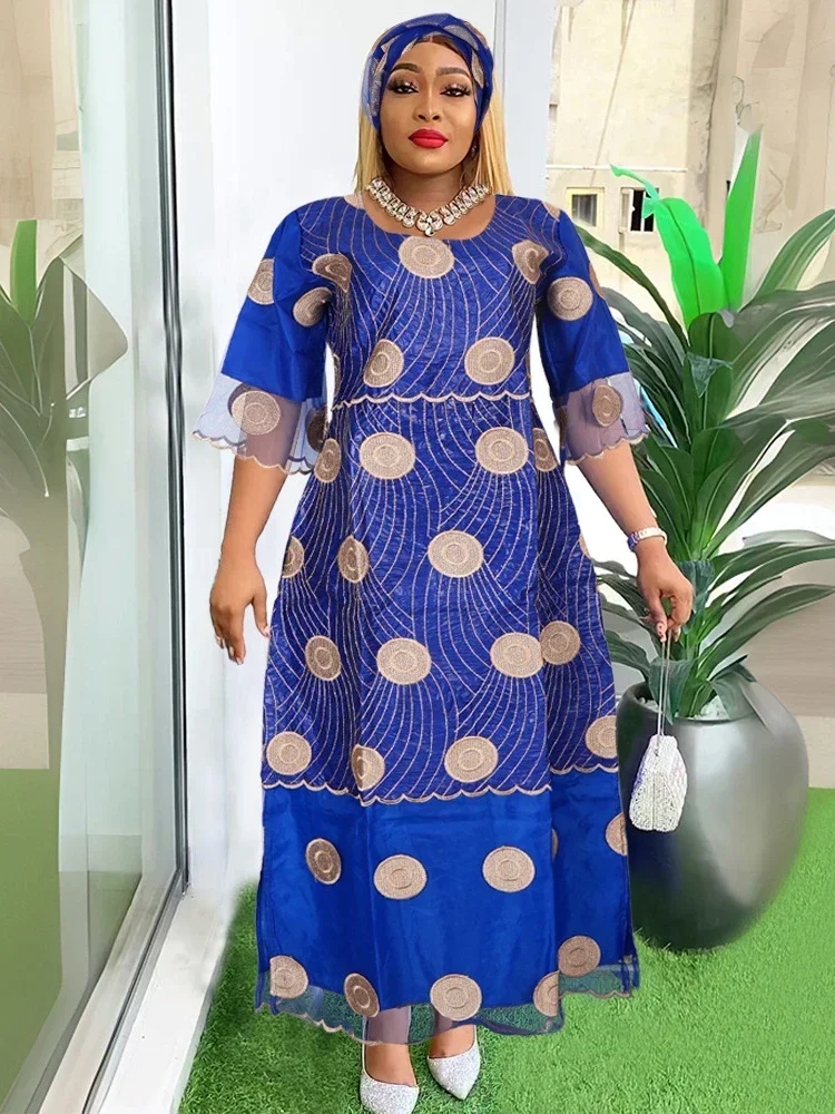 Bazin Dresses For Women African Traditional Wedding Party Evening Gown Plus Size Maxi Robe Dashiki Print Embroidery Clothing