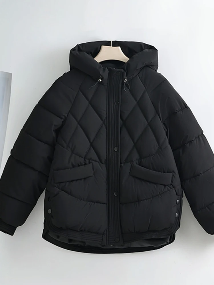 

Женская теплая хлопковая куртка с капюшоном и ромбовидным узором, свободная повседневная верхняя одежда, верхнее пальто, корейская полиэфирная ткань