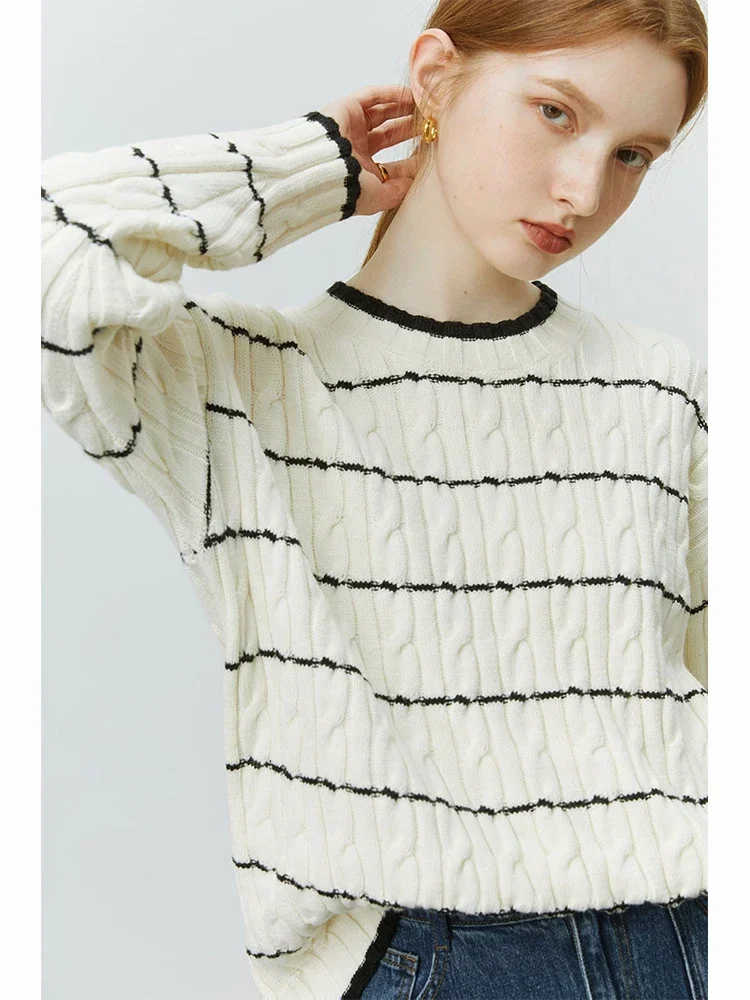 FSLE 9.5% Wool Women Round Neck Casual Commuter Stripe Pullover Cable Design Women Drop Sleeve Sweaters Winter Loose Tops