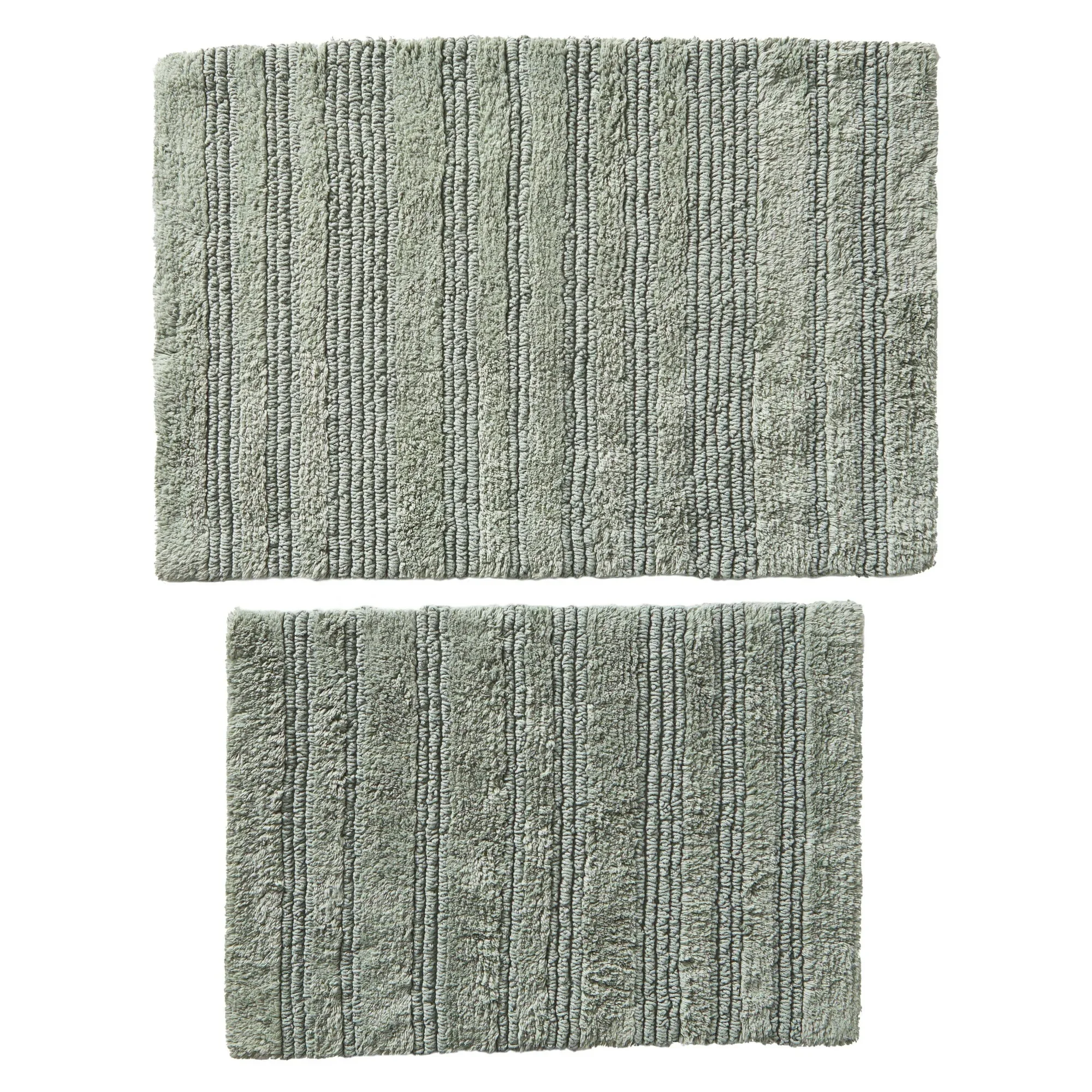 

Cotton cut and loop terry reversible two-piece bathroom rug set effectively locks in moisture to keep bathroom floors dry