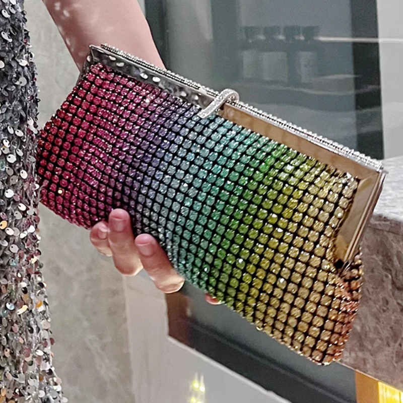 

Luxury Full Diamond Women Bag Fashion Rainbow Soft Dinner Clutch Bag Women Shining Diamond Crossbody Bag Shoulder Bag