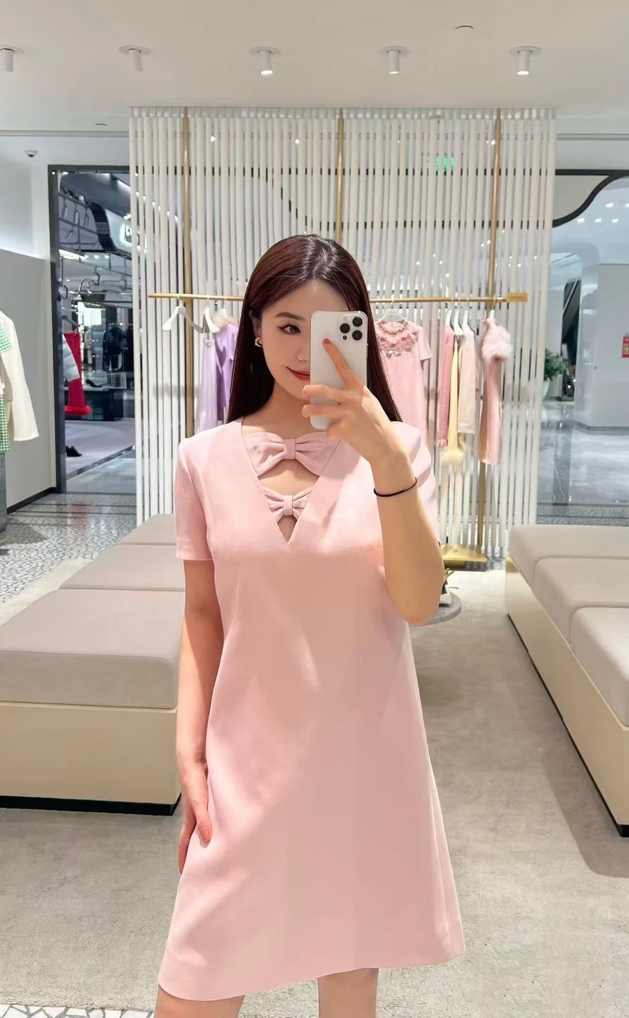 Elegant Pink Short Sleeve Dress Simple Style  Knot Neckline Commute High Waist A-Line Skirt Summer Women's Dress