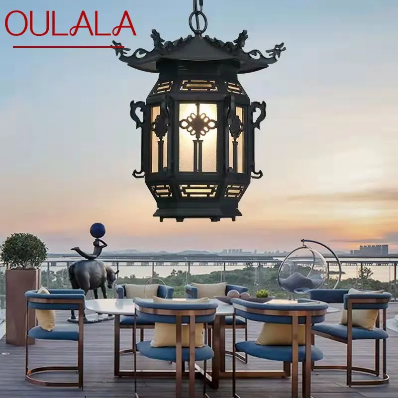 

OULALA Chinese Lantern Pendant Lamps Outdoor Waterproof LED Black Retro Chandelier for Home Hotel Corridor Decor Electricity